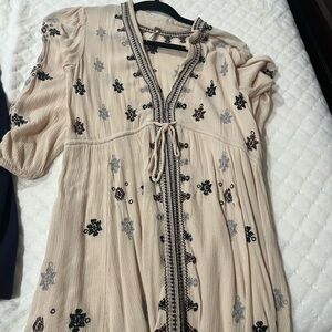 Embroidered Beige Dress with Black Accents